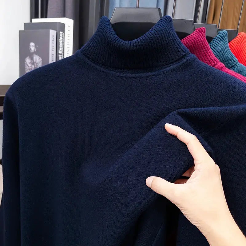 Men's navy knitted turtleneck sweater by Simples Market, slim fit, anti-pilling long sleeve pullover