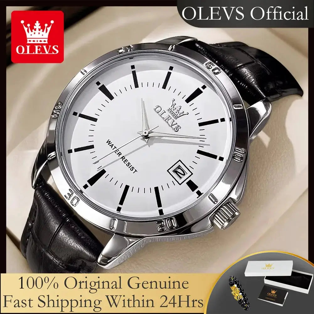 OLEVS men's wristwatch with white dial, black leather strap, stainless steel case, date window, water resistant
