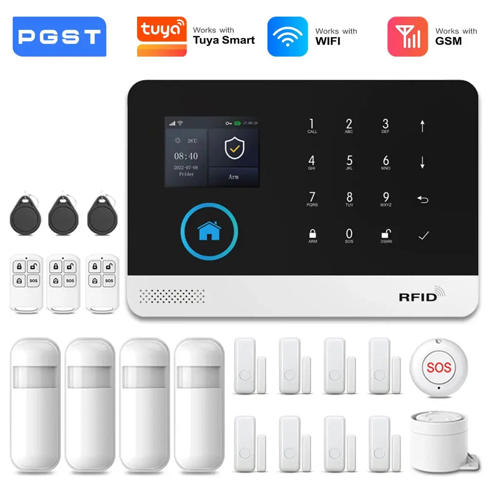 PGST wireless alarm system kit by Simples Market with touchscreen panel, RFID, door/window sensors, and remotes.