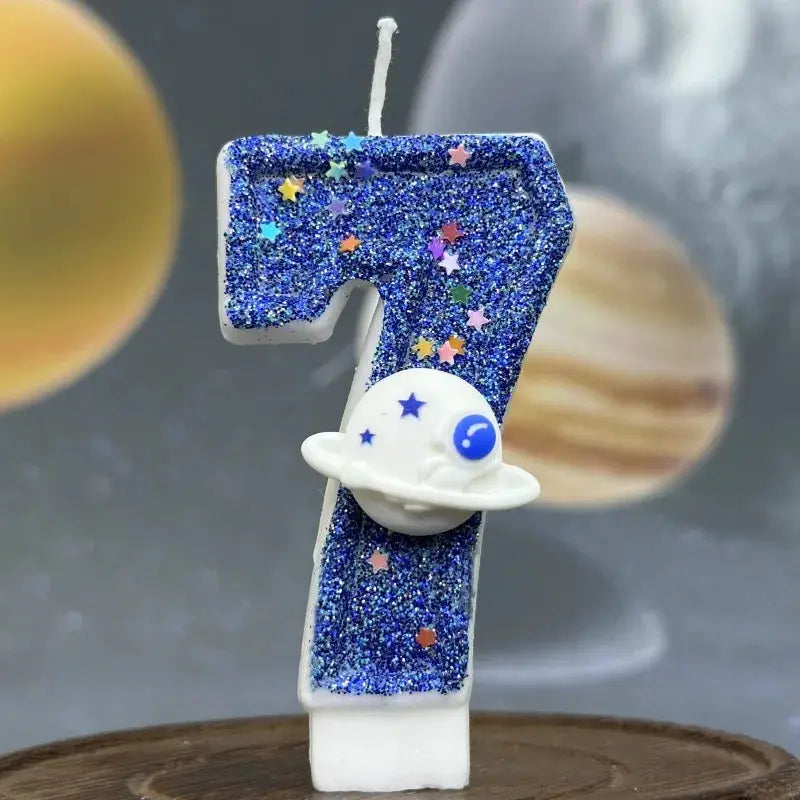 Planet Themed Spaceship Digital Candle 0 To 9 Dark Blue Birthday Cake Decoration For Outer Space Party
