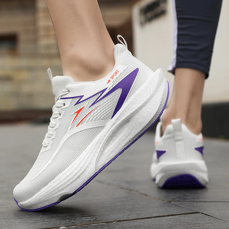 Simples Market pair of men's running shoes, white breathable mesh with purple accents and air-cushioned sole