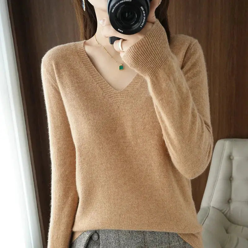 LunaThreads Womens Solid Wool Blend Pullover Slim Fit V Neck Knitwear For Spring And Autumn