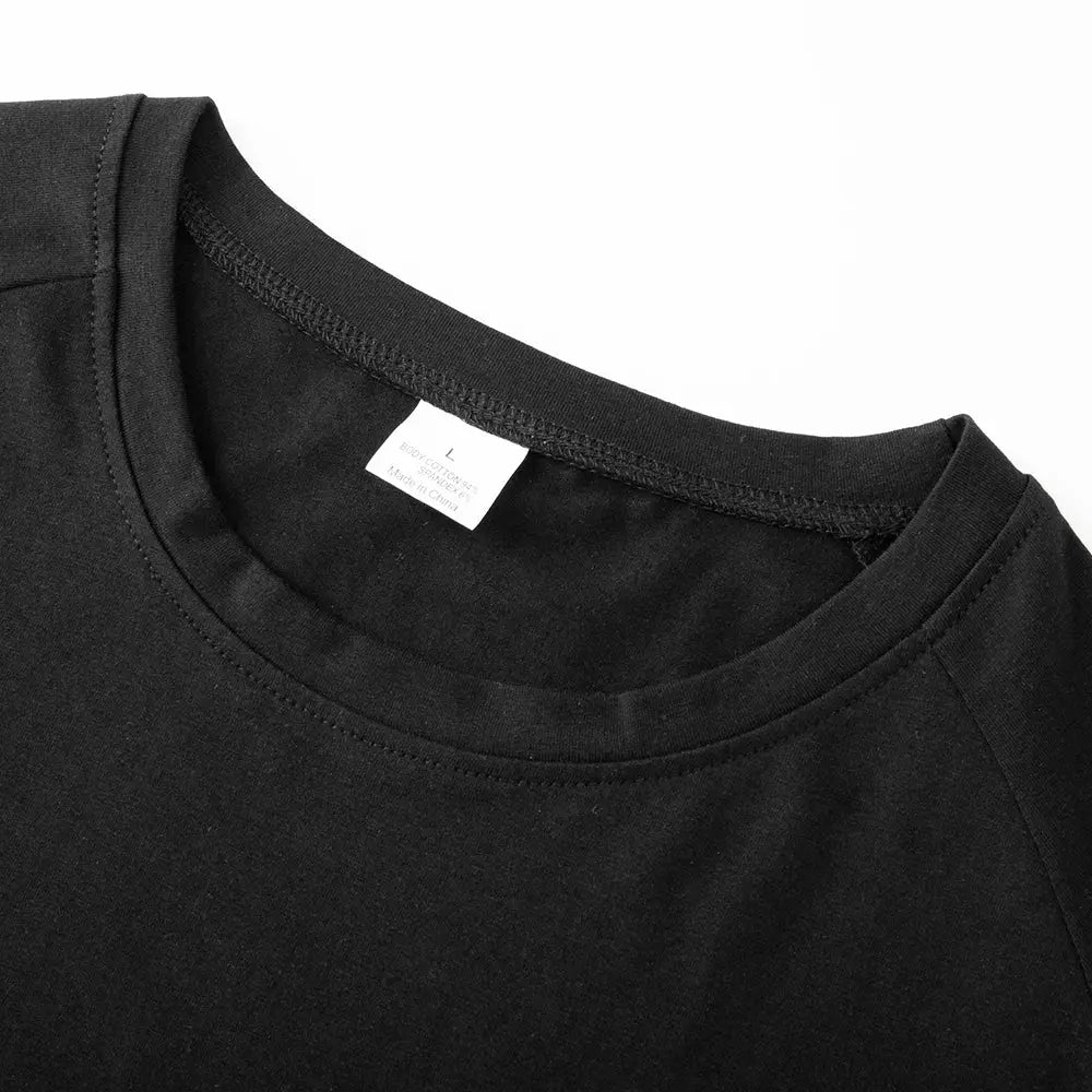 T-shirt black cotton crew-neck for men, close-up neckline.