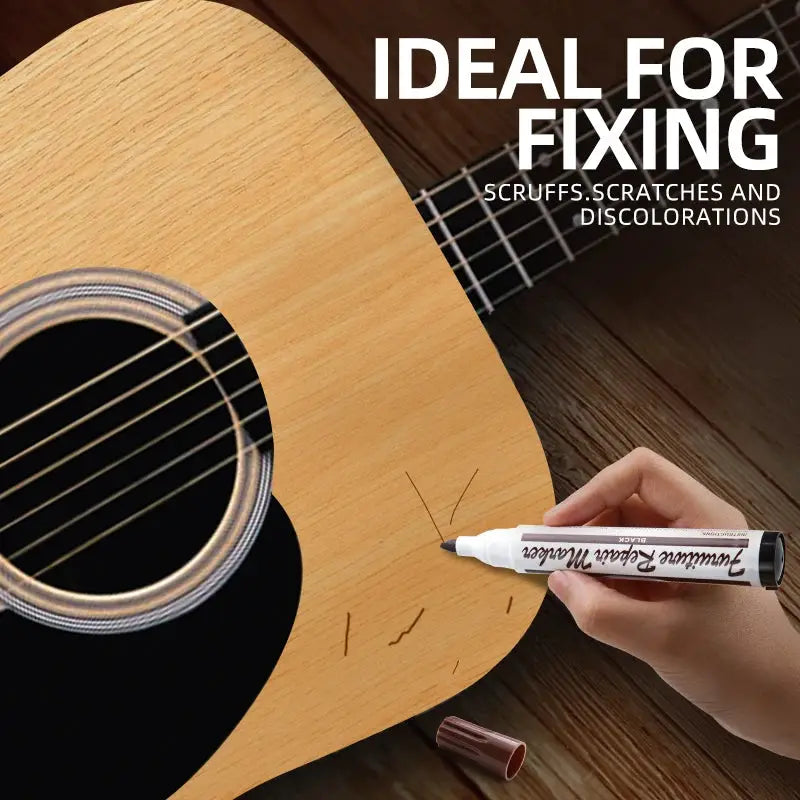 White furniture repair marker pen used on oak wood with scratches