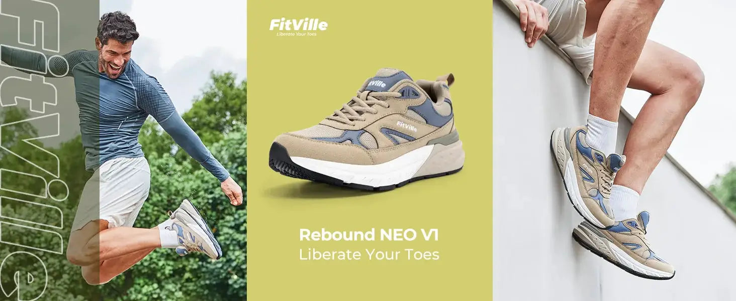 FitVille men's walking shoes with wide width and arch support; beige and gray sneakers with blue accents.