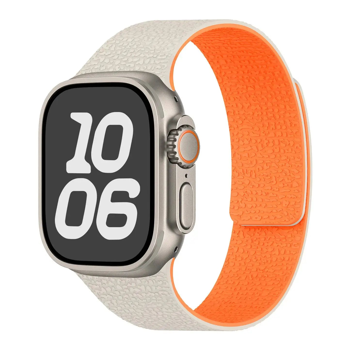 Silicone magnetic Apple Watch band by Simples Market, white textured exterior with orange underside, fits 40–49mm