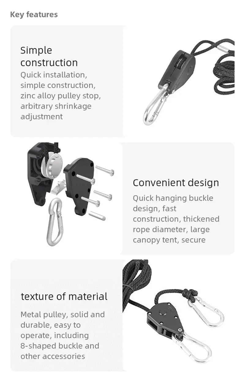 Simples Market 4-piece 8-inch adjustable awning wind rope lanyard set with metal pulleys and carabiners