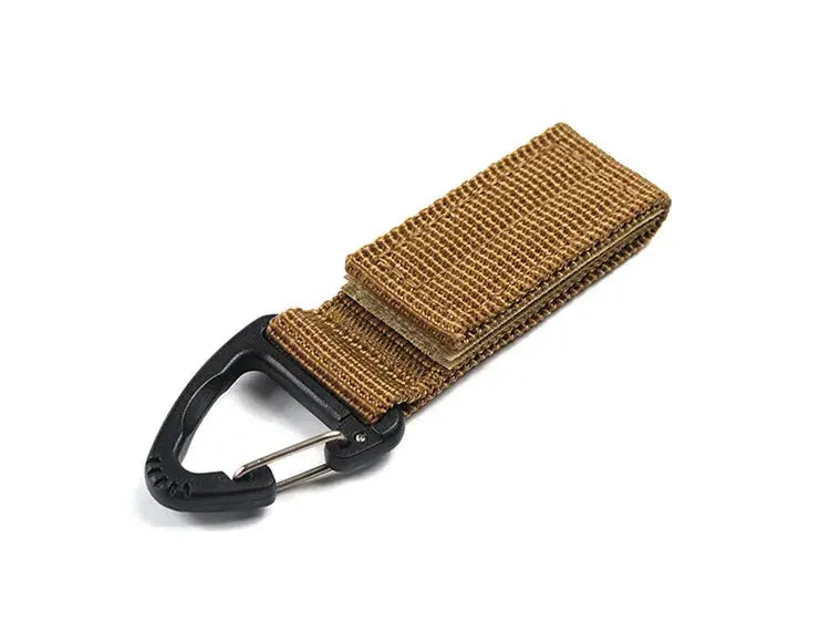 Nylon strap with black carabiner clip, tan outdoor camping gear by Simples Market