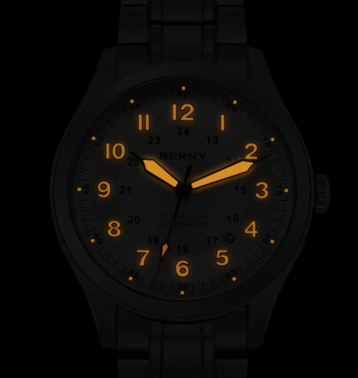 BERNY full titanium automatic men's watch with orange luminous hands and numerals