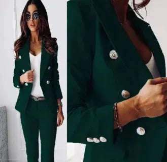 Women's 2-piece office suit in dark green blazer with gold buttons and matching trousers, Simples Market