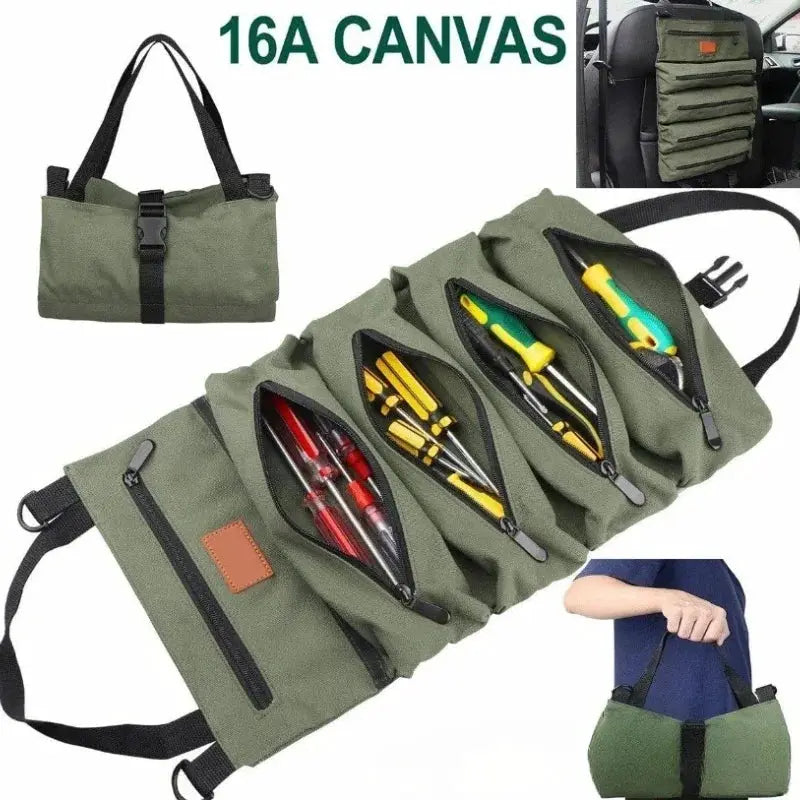 Simples Market olive green canvas tool roll bag with multiple zip pockets and carry strap