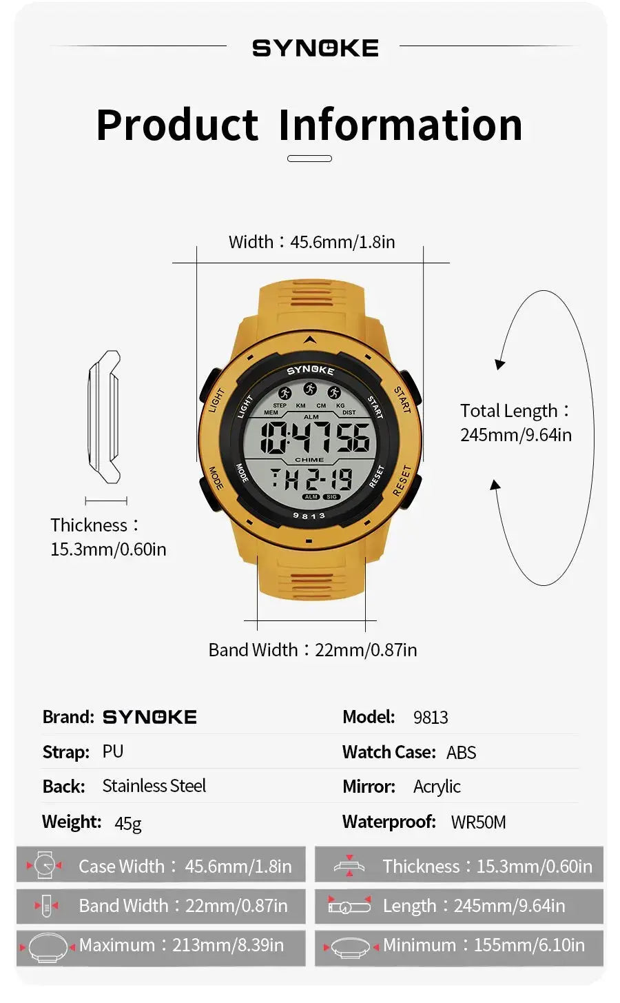 SYNOKE men's digital sport watch with large screen, yellow PU strap, 50M waterproof