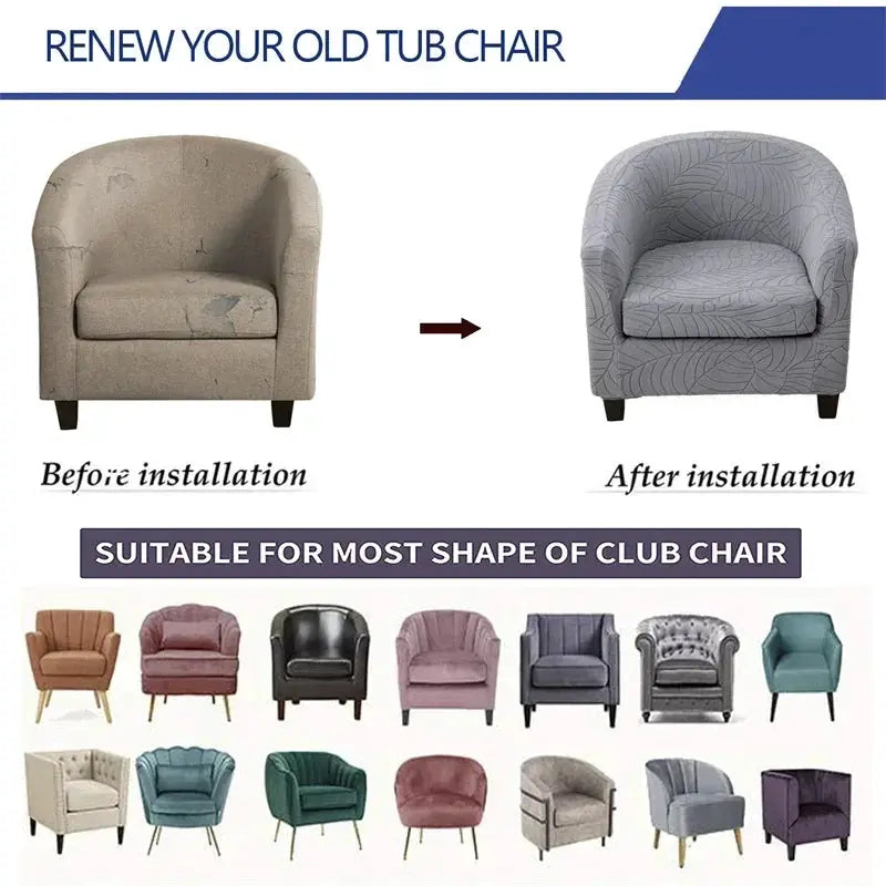 Simples Market Leaves Jacquard tub chair slipcover; anti-dirt stretch cover in gray leaf pattern for most club chairs.