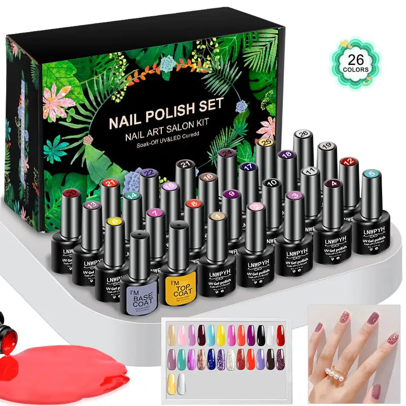 LNWPYH gel nail polish set by Simples Market, 26 UV/LED color bottles with base and top coats in a decorative boxed kit