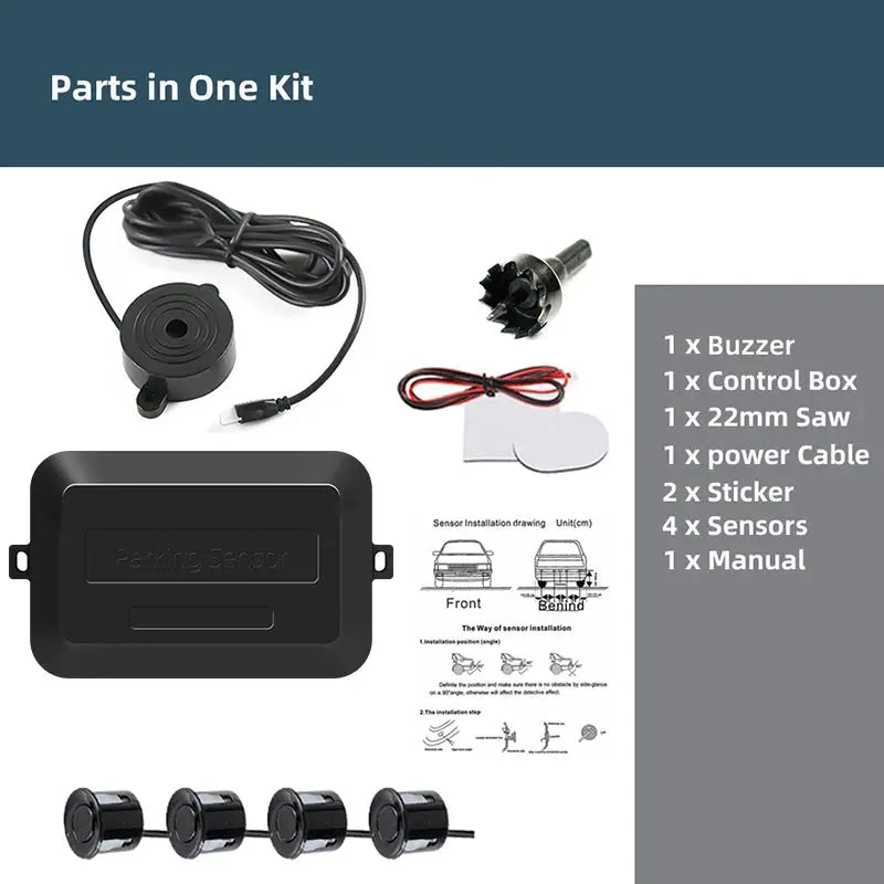 Simples Market 12V car parking sensor kit with 4 black 22mm sensors, buzzer and control box