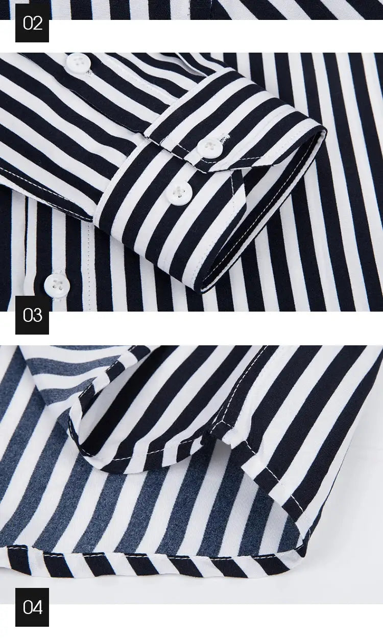 Men's navy and white striped long-sleeve shirt by Simples Market, M-5XL slim-fit casual shirt.