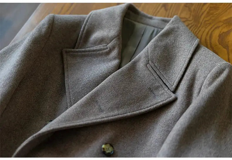 Men's wool-blend double-breasted overcoat in brown-gray with wide lapels