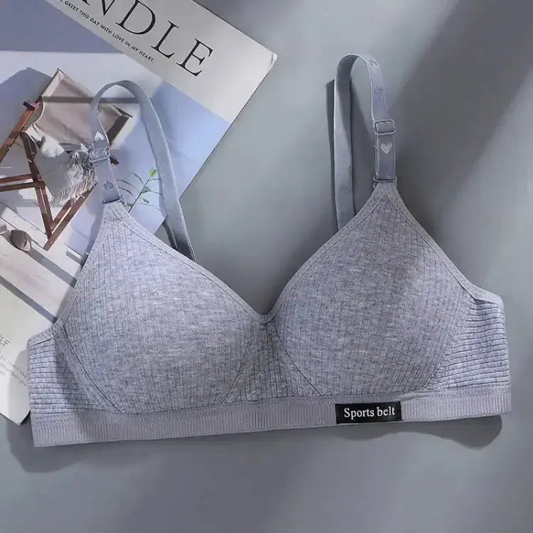 Gray cotton wireless AB-cup bra with adjustable straps and sports belt band