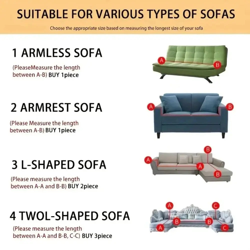 Minimalist Herribone Chenille Sofa Towel by Simples Market; guide showing four sofa-types: green armless, blue armrest.
