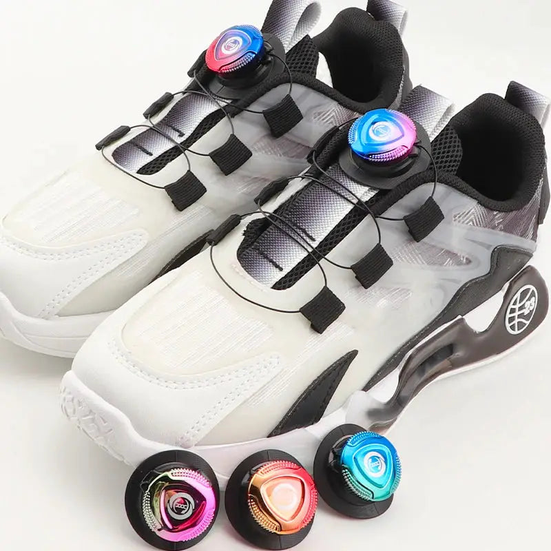 Automatic shoelaces for sneakers with colorful dial buckles; pair of white athletic shoes by Simples Market