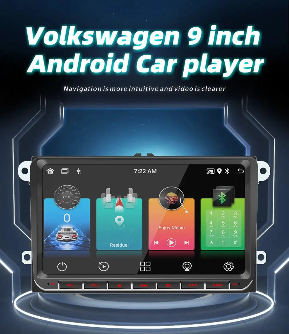 Simples Market 9-inch Android 2‑Din car stereo for VW/Skoda with CarPlay, Wi‑Fi and GPS navigation