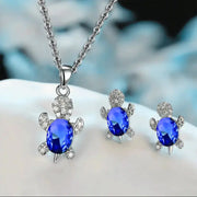 Three Piece Silver Plated Necklace Earrings Set For Ladies With Turtle Shape And Multicolor Glass Diamonds