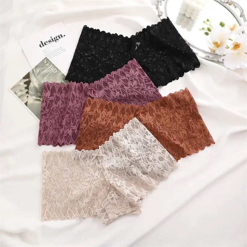 4-pack women's floral lace panties by Simples Market, V-waist, breathable underpants in black, purple, brown, beige