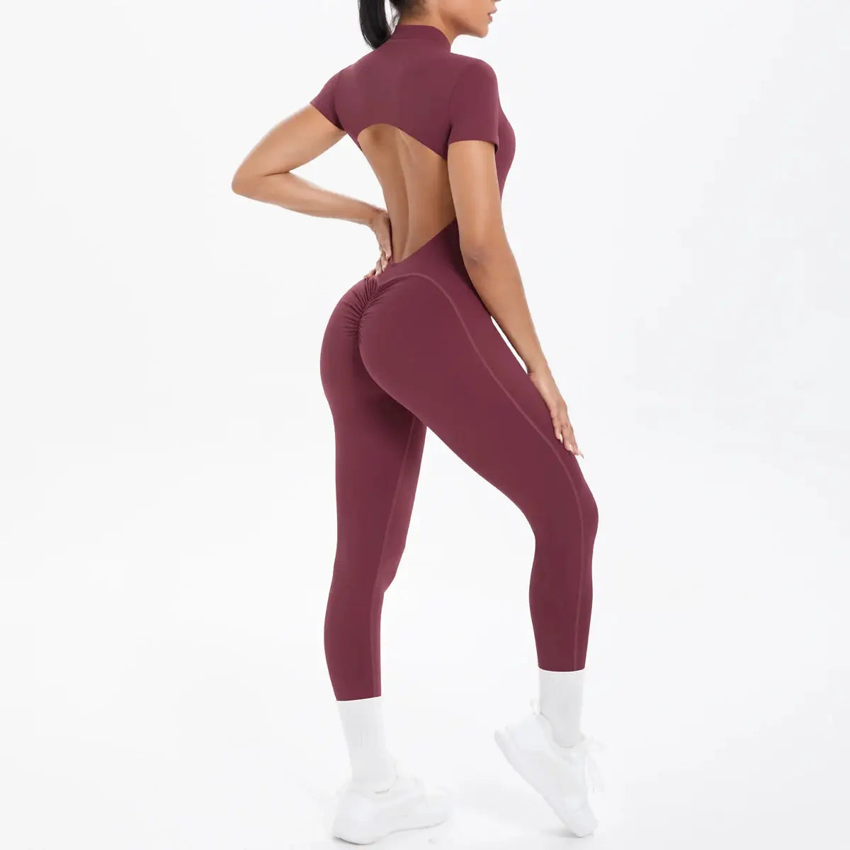 Short-sleeved burgundy backless scrunch one-piece fitness jumpsuit for women, gym/yoga, Simples Market