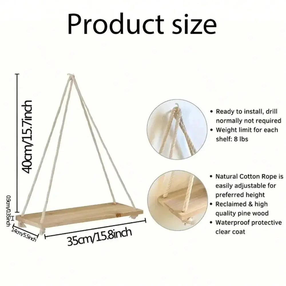 Wood hanging shelf with natural hemp rope, wall-mounted floating plant pot tray (40×35 cm)