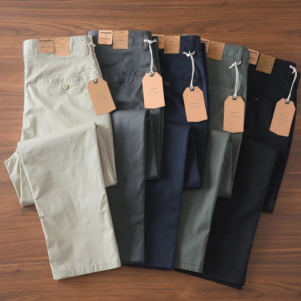 Simples Market men's chinos; six pairs, assorted colors, slim straight fit, 97% cotton casual trousers