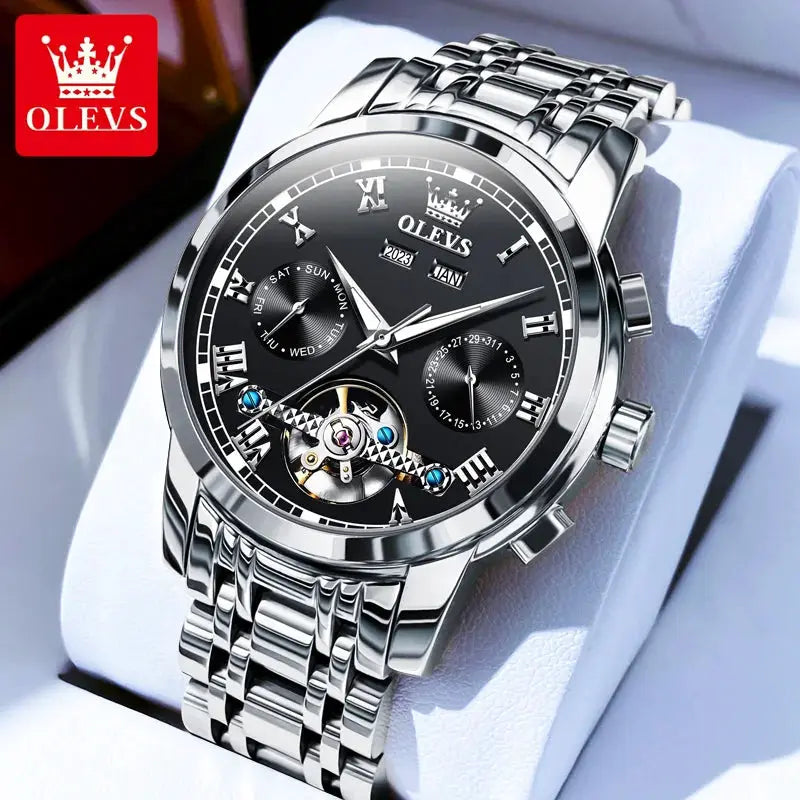 OLEVS 6607 automatic stainless steel skeleton wristwatch with flywheel and dual calendar