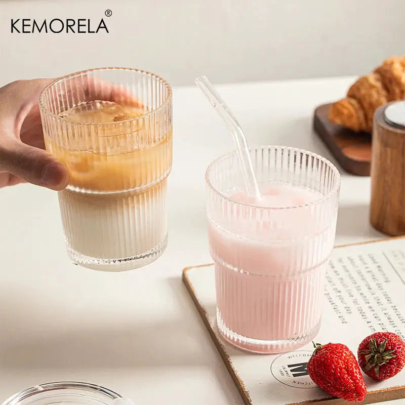 450ml Stripe Glass Cup With Lid And Straw Transparent Drinking Glass For Ice Coffee Tea Juice Milk Water