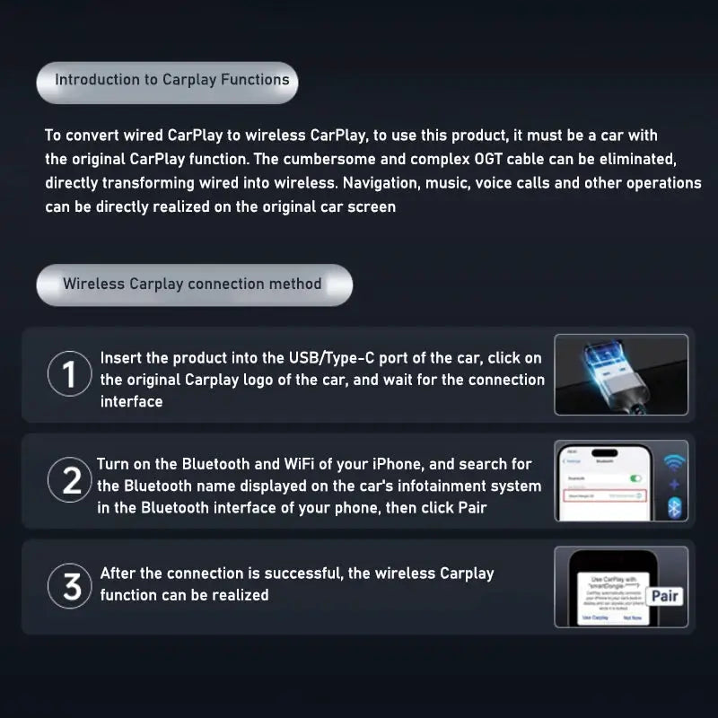 2-in-1 wireless CarPlay/Android Auto adapter by Simples Market with setup guide screen