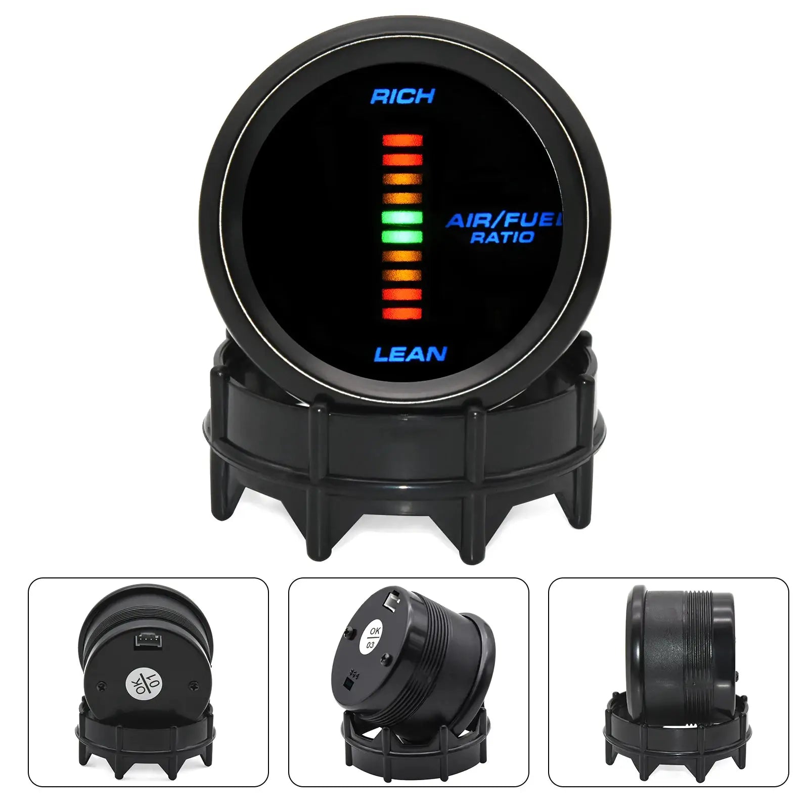 Universal 2-inch 52mm digital LED gauge with blue display; air/fuel ratio indicator showing lean and rich.