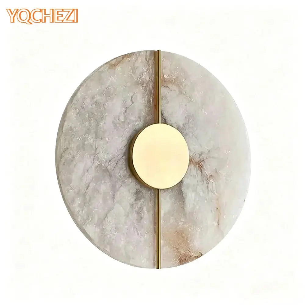 YQCHEZI round alabaster marble wall sconce with gold center knob and vertical brass divider