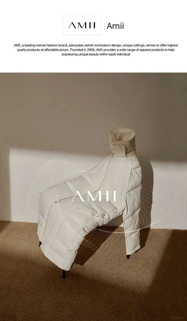 AMII white quilted puffer jacket with high collar, minimalist outerwear.