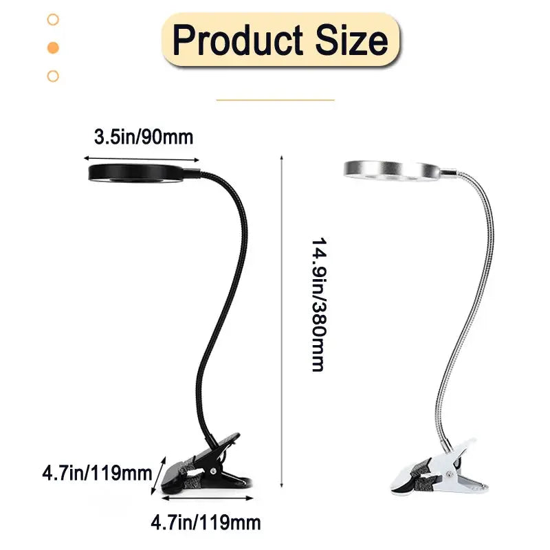 LED Ring Clamp Lamp by Simples Market; black and silver clamp desk lamps with flexible gooseneck, 14.9in tall, 3.5in ring head two versions