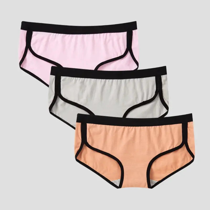 BANNIROU 3Pcs women's cotton low-rise briefs in pink, grey, and peach with black trim