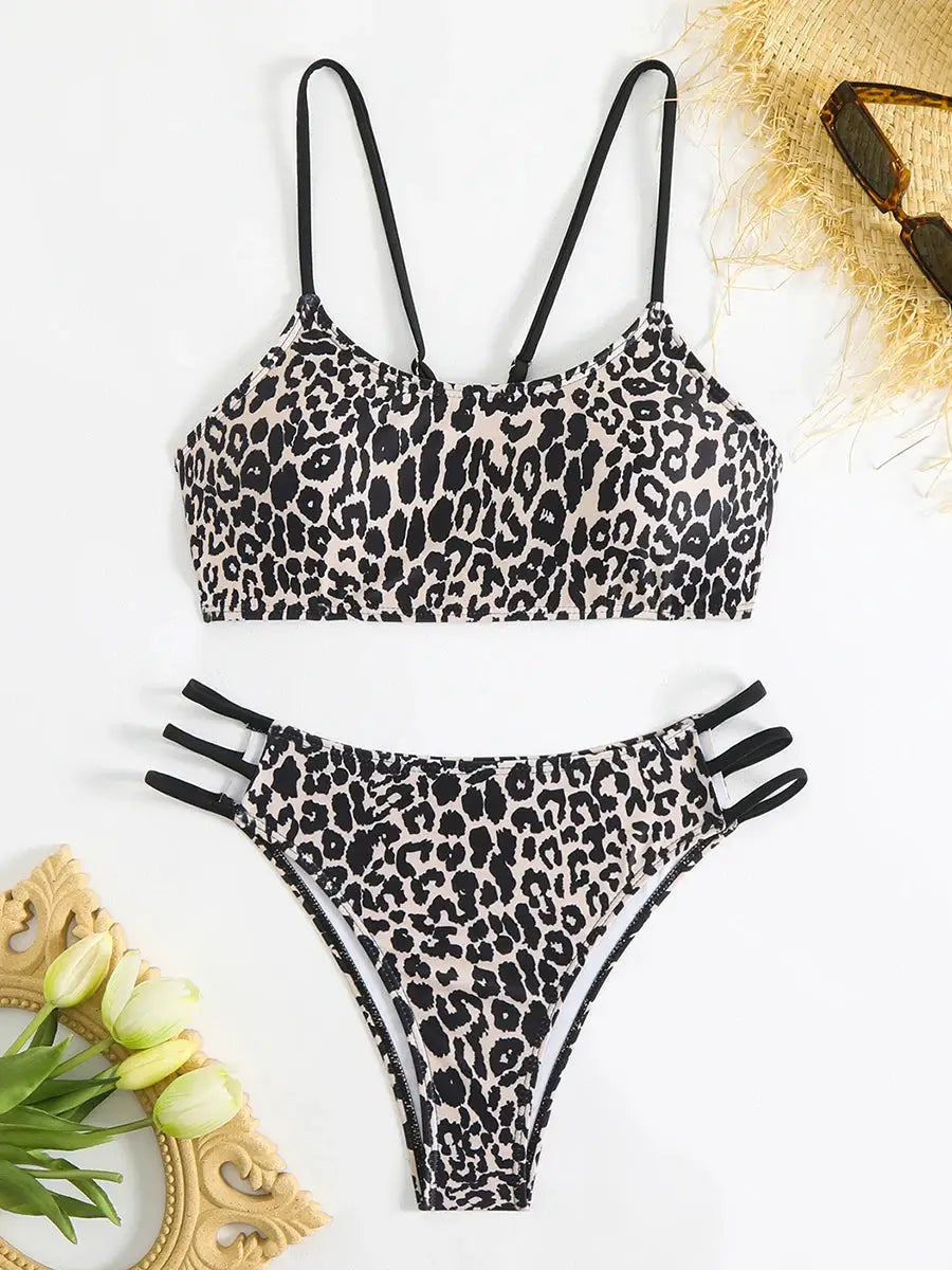 Leopard print padded bikini set for women with thin black straps and triple-strap bottoms