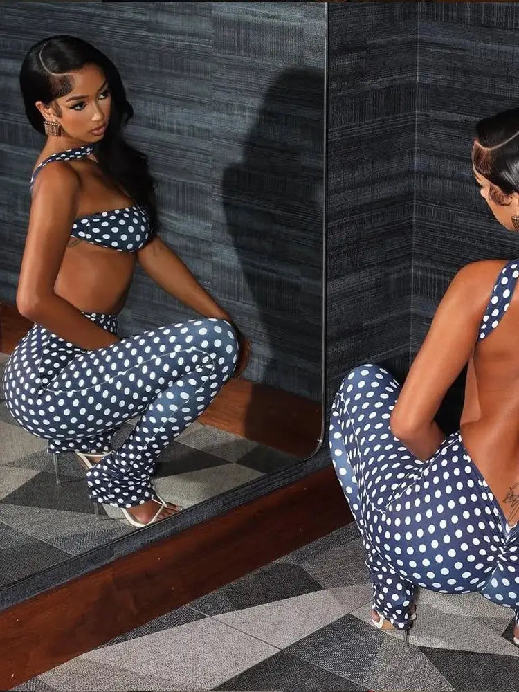 Nibber Hottie Women Dot Print 2 Piece Tracksuit Backless Halter