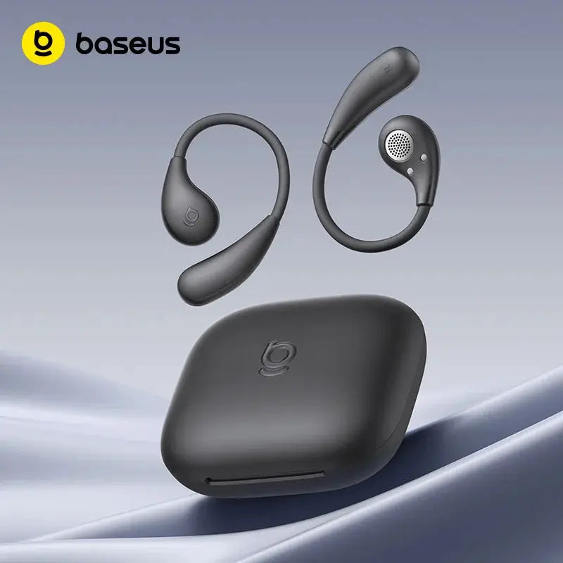 Baseus BF1 Lite open-ear sport wireless earphones with charging case in dark gray, earhooks