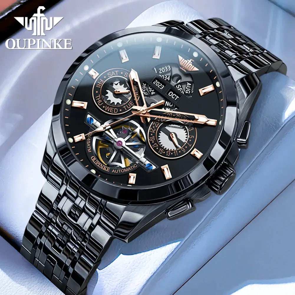 OUPINKE men's skeleton automatic watch with black dial, rose-gold hands, and stainless steel bracelet.