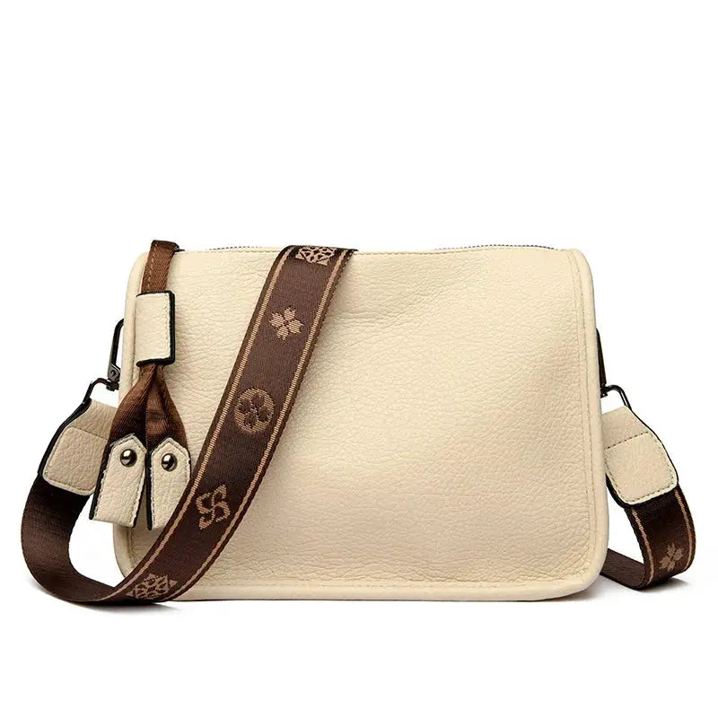Leather tote bag by Simples Market in beige genuine leather with brown crossbody strap