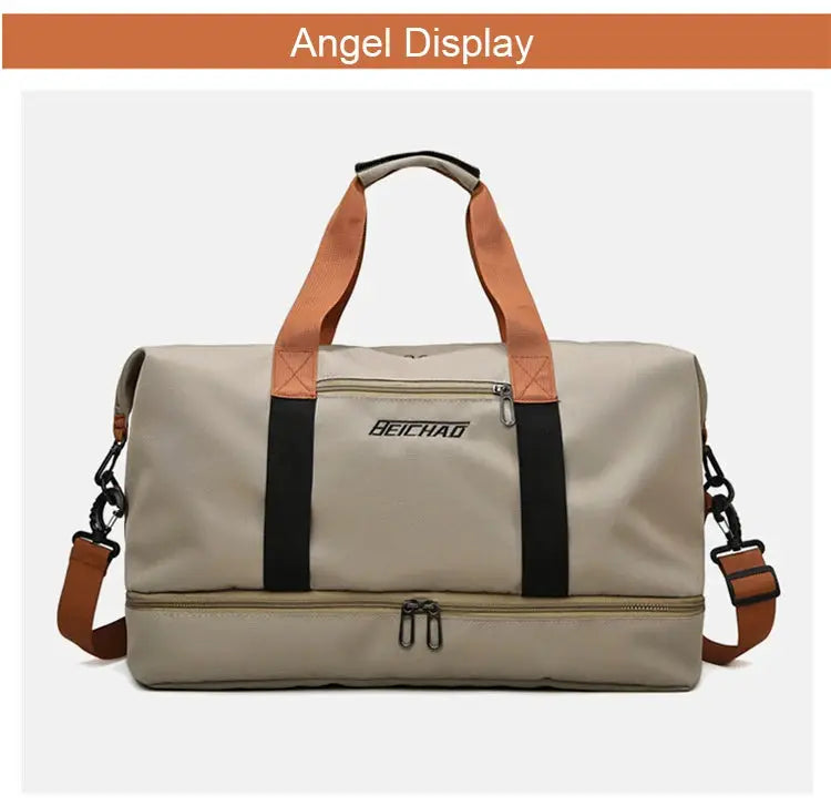 Beichad beige travel gym duffle bag with orange handles and black straps