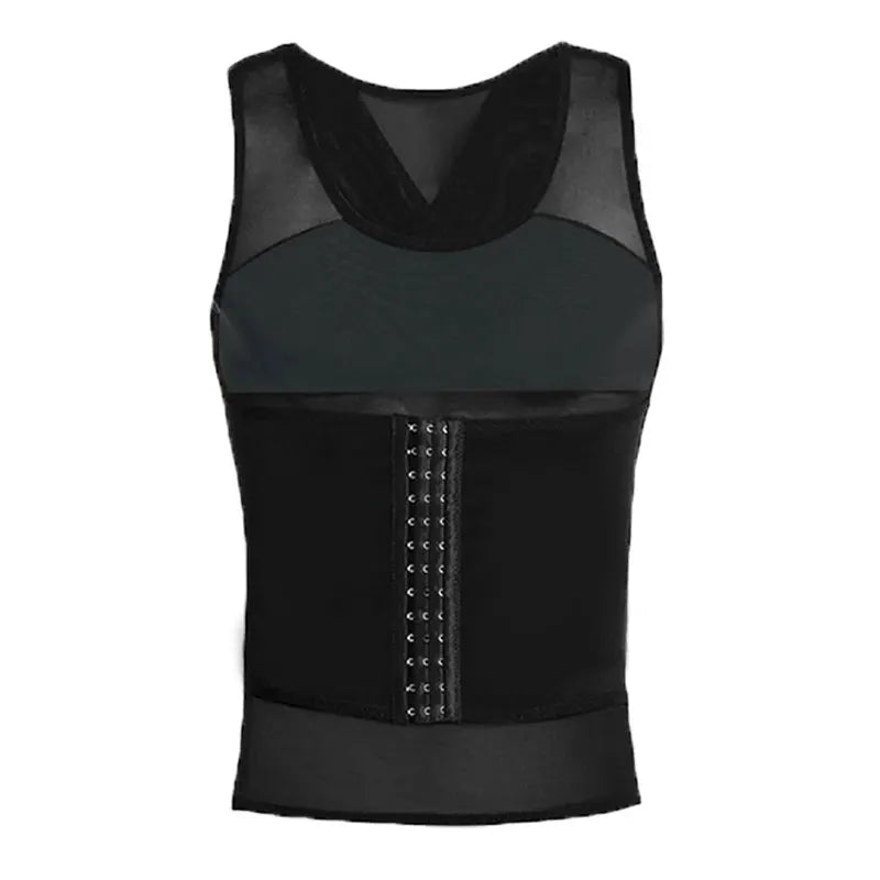 Simples Market CXZD waist trainer muscle girdle shirt, black mesh corset with front hook closures