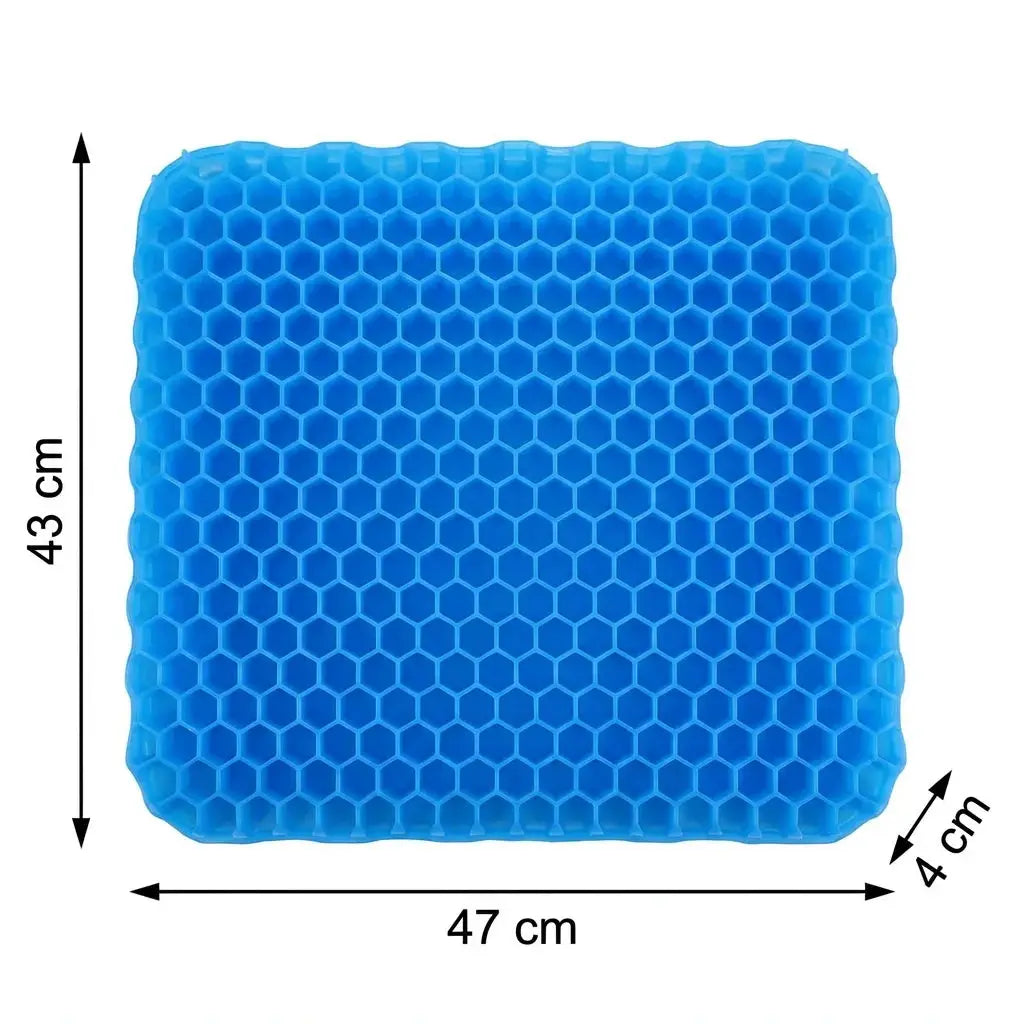 Large blue gel seat cushion with honeycomb texture and non-slip cover, 47x43 cm, 4 cm thick for car or office.