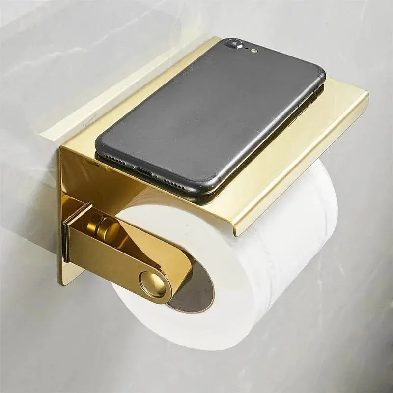 HaloHome Multifunctional Toilet Paper Holder With Shelf Wall Mounted Double Roll Towel Holder Gold Finish