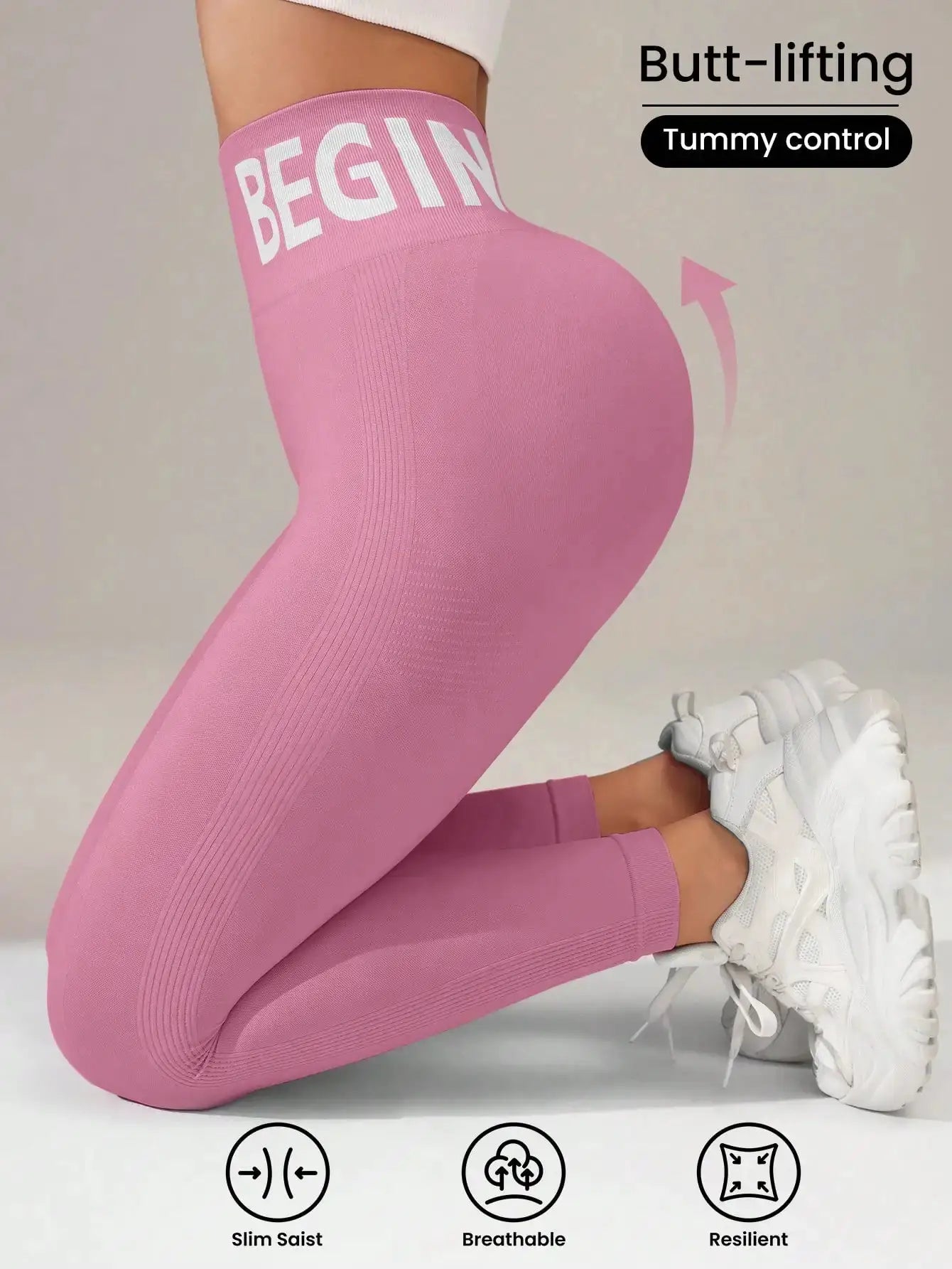 Simples Market pink seamless yoga leggings with waistband lettering, butt-lifting design and tummy control.