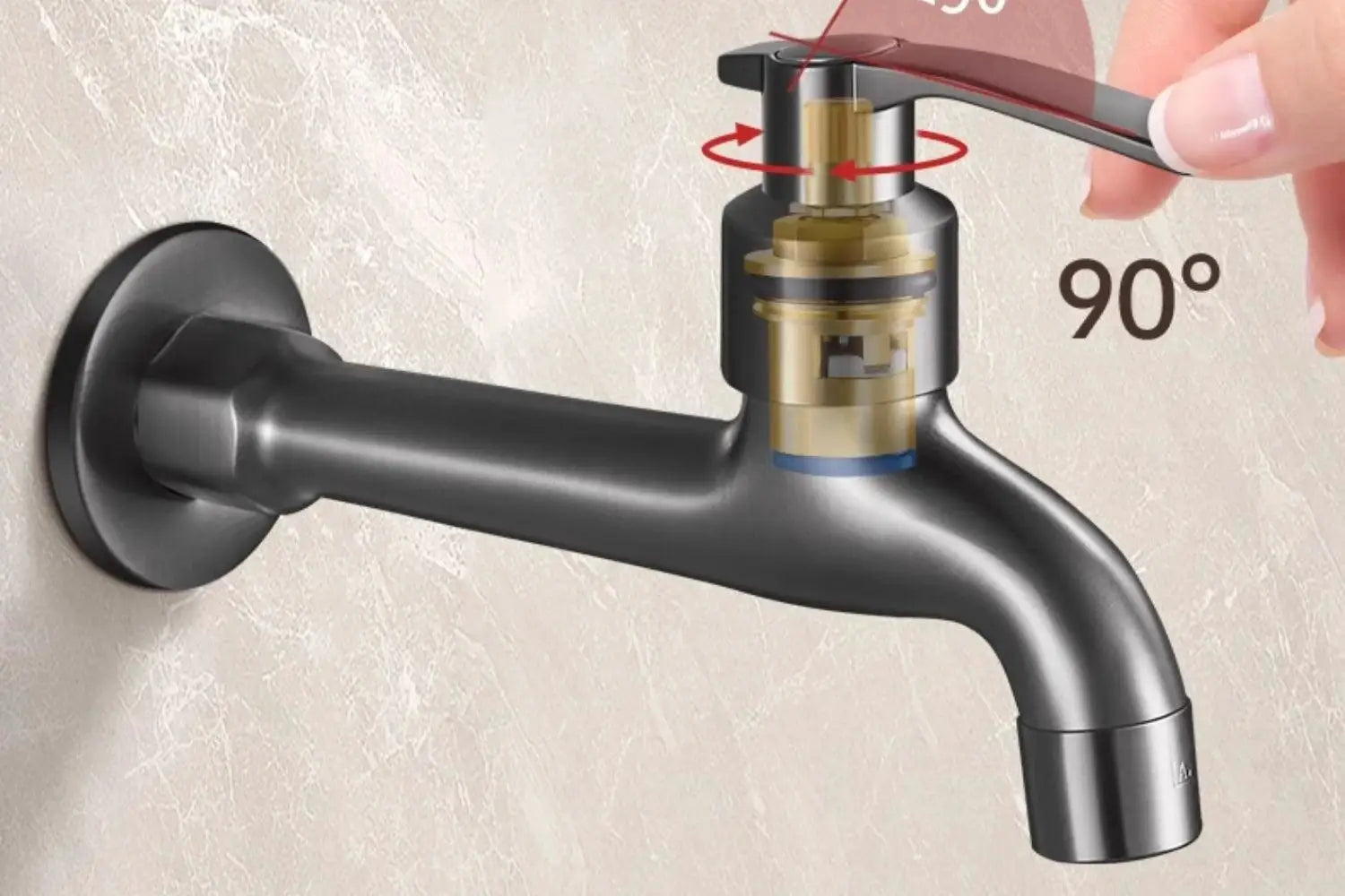 Washing machine wall-mounted faucet with copper valve cutaway and dark metal body.