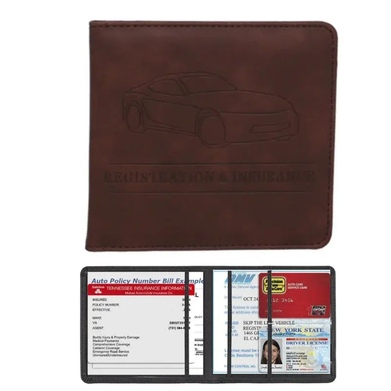 Men's card holder wallet by Simples Market in brown leather, embossed car design, for registration and insurance cards.